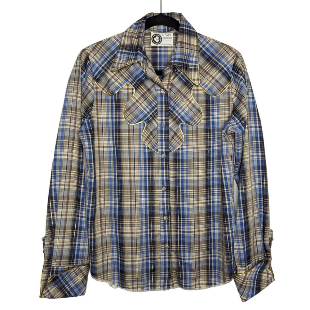 Clover Custom long sleeve blue brown plaid gold trim cowgirl Vintage Shirt M‎
